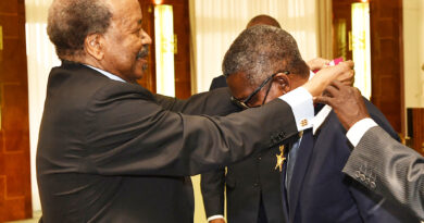 DSC2002: R-L:  President of the Republic of Cameroon, Paul Biya congratulating President/CE, Dangote Industries Limited, Aliko Dangote after conferment of “Commander of the National Order of Valour”  at  The Unity Palace, Yaoundé, Cameroon.