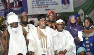 DSC 2759,  L-R,, Bauchi State Governor, Senator Bala  Mohammed, Managing  Director/ CEO, Aliko Dangote Foundation, Zouera Youssoufou, Group Executive Director, Government and Strategic Relations, Dangote Industries Limited, Engr. Ahmed Mansur, Who represents Chairman Aliko  Dangote Foundation, Wife of the State Governor, Aisha Mohammed, and One of the Beneficiary, at the  Official Flag- Off  of Disbursements  the Dangote Micro -Grants  Programme for Venerable  Women in Bauchi Local Government  Area , Bauchi State on Tuesday 15th June. 2021.