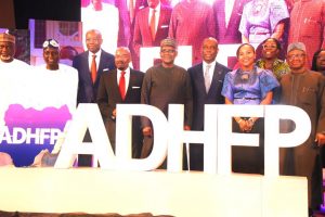 L-R: Chairman, Senate Committee on Health, Senator Ibrahim Oloriegbe; Chairman/Founder, Aig-Imoukhuede Foundation, Mr. Aigboje Aig-Imoukhuede; Chairman, Private Sector Health Alliance of Nigeria (PSHAN), Mr. Jim Ovia; Founding Patron, PSHAN, Alh. Aliko Dangote; GMD/CEO, Access Corporation, Mr. Herbert Wigwe; CEO, PSHAN, Tinuola Akinbolagbe; MD/CEO, Aliko Dangote Foundation, Zouera Youssoufou; and Minister of Health, Dr. Osagie Ehanire