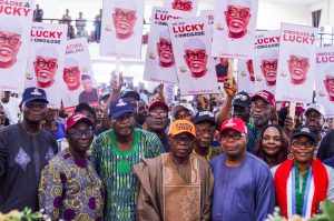 From Left: Former Chief of Staff to late Governor Akeredolu, Olugbenga Ale, Member Ondo State House of Assembly for Ose, Olatunji Oshati, APC Chairman Owo LG, Samuel Balogun, Ondo State Deputy Governor, Olayide Adelami, APC Chairman Ose LG, Ladi Tenabe and Ondo state former commissioner for women affairs, Yemi Mahmud at the public endorsement program of Lucky Aiyedatiwa as Governor of Ondo state 2024, in Owo, on Monday